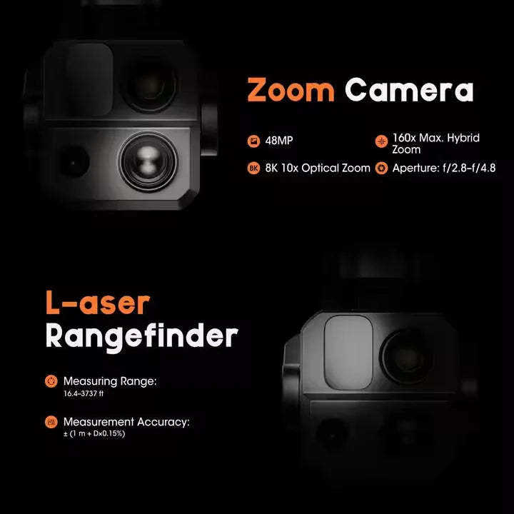 Quadcopter drone camera module with visible lens and zoom camera housing