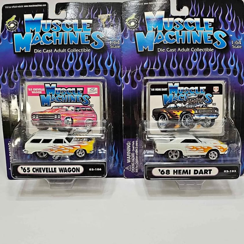 Diecast car model in blister pack, red and white ’65 Chevelle Wagon