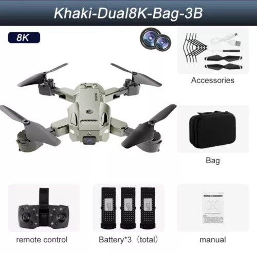 Khaki dual-camera drone with four propellers and front gimbal camera