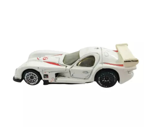 Hot Wheels 1:64 diecast race car, white with red decals