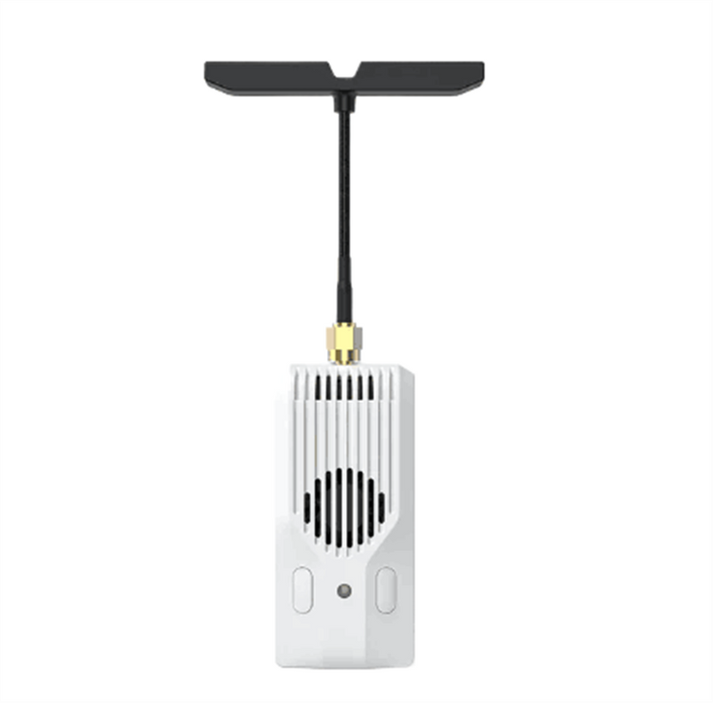 FPV transmitter module with gold connector and black antenna lead, white vented casing