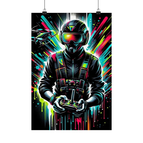 FPV drone pilot poster, helmeted pilot holding radio controller with neon splatter