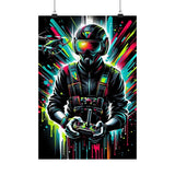 FPV drone pilot poster, helmeted pilot holding radio controller with neon splatter