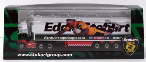 Die-cast model truck in clear retail box, green and orange Stobart Tigers livery