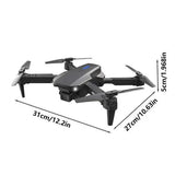 Dark gray quadcopter drone with foldable arms, 31cm x 27cm x 16.9cm dimensions