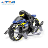 Mini RC motorcycle drone with lights, black and blue, helmet rider, four propellers