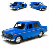 Blue diecast car model with chrome grille, front 3/4 view, white wheels, black windows.