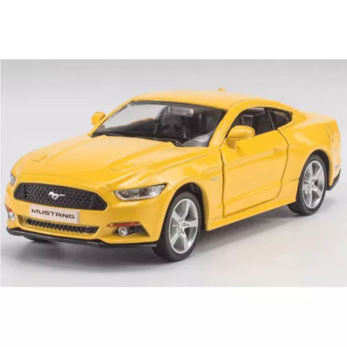 Yellow Ford Mustang 1:36 diecast toy car with front three-quarter view and chrome wheels