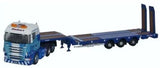 Diecast N-scale flatbed truck model with blue cab and blue-and-brown trailer
