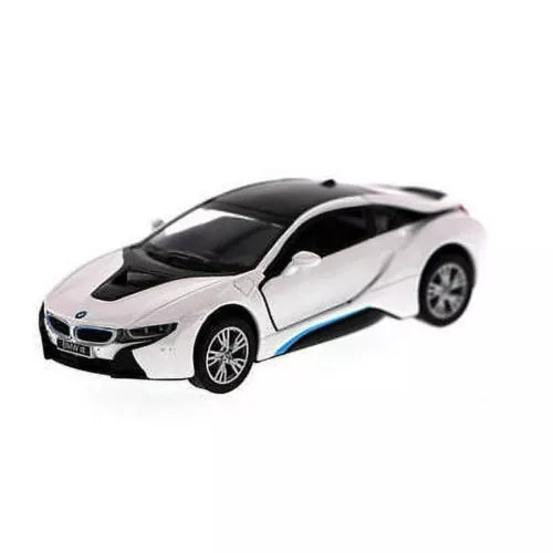 White and black BMW i8 diecast model car with blue side stripe