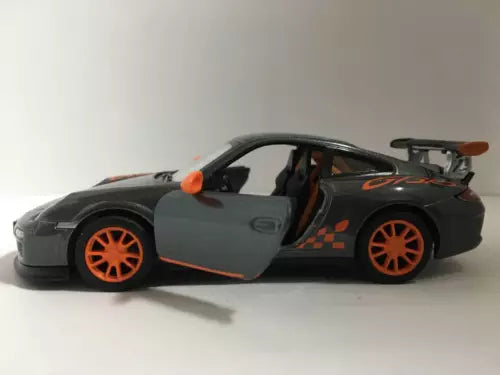 Kinsmart diecast model sports car, gray body with open door and orange wheels