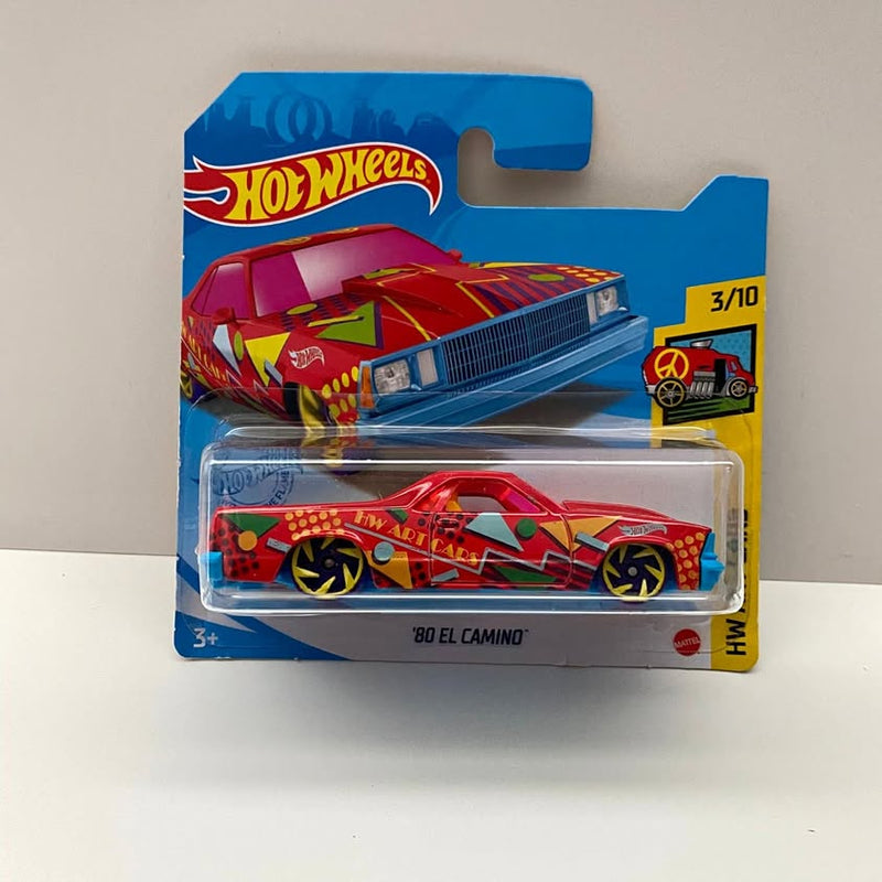Hot Wheels '80 El Camino red diecast car on short card, 3/10