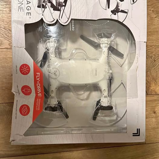Drive and fly drone in retail blister packaging with propeller guards