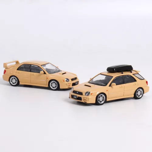 Diecast model car set of two beige sports sedans, black hood scoop and wheels