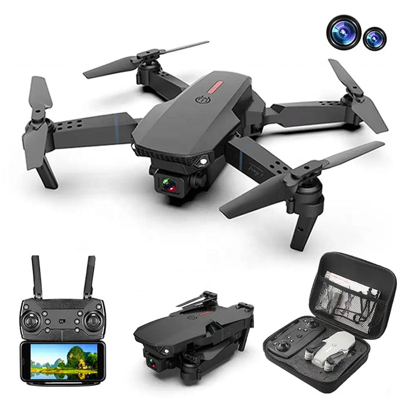 RC quadcopter drone with propellers, remote controller, FPV monitor, and case