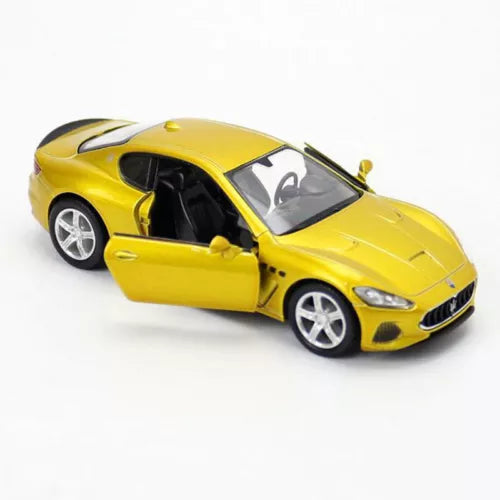 Yellow diecast model sports car with front door open