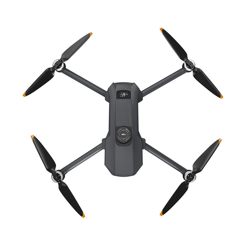 Compact dark quadcopter drone with four foldable propeller arms and front camera module