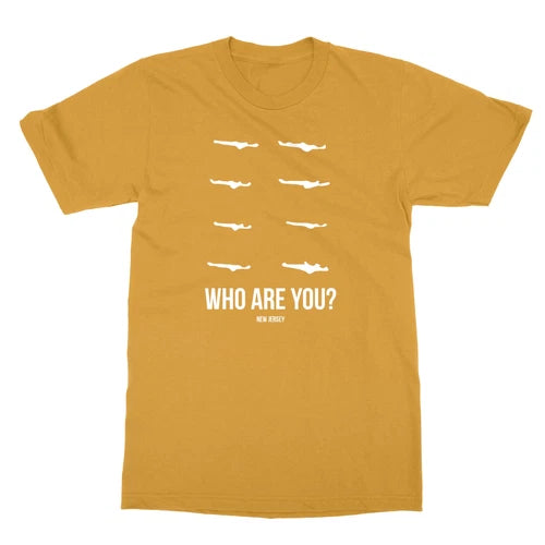 Unisex T-shirt in mustard yellow with small white drone graphic and “WHO ARE YOU?” text