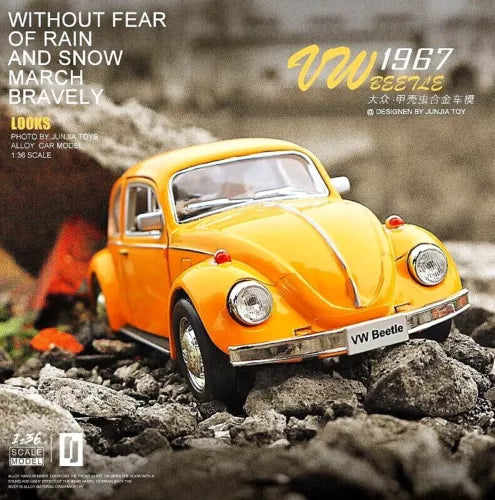1967 Volkswagen Beetle diecast pullback car model, yellow and chrome