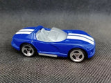 Blue diecast convertible car with white racing stripes and chrome wheels