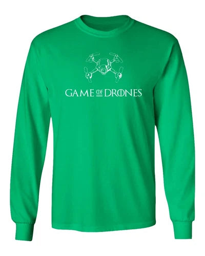 Green long-sleeve T-shirt with white drone graphic and Game of Drones lettering