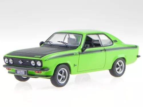 Green diecast model car, front three-quarter view