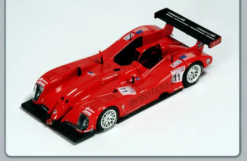 Red Panoz LMP 07 diecast race car with #11 decals, front three-quarter view.