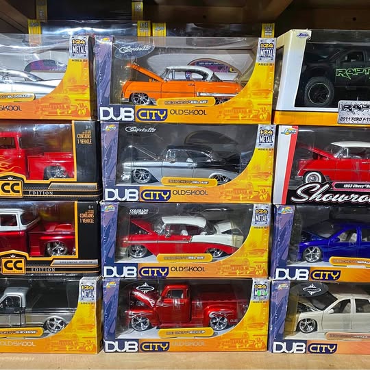 Diecast toy cars in blister boxes, mixed colors, branded Dub City Old Skool