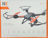 HD 720p drone with altitude hold, black and red, four rotors and landing gear