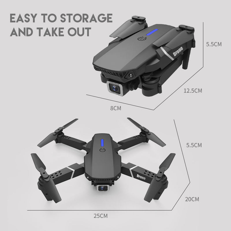 Foldable quadcopter drone with four propellers and front camera, dark gray