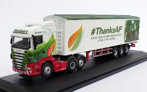 Green and white diecast Scania truck with Stobart branding and #ThanksAP trailer