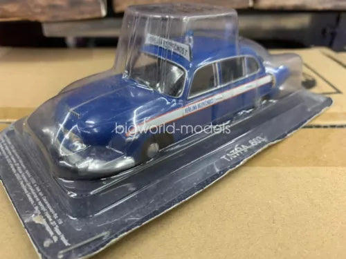 Blue police car diecast model in box with clear plastic cover