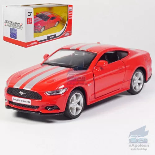 Red diecast model car with racing stripes, front three-quarter view