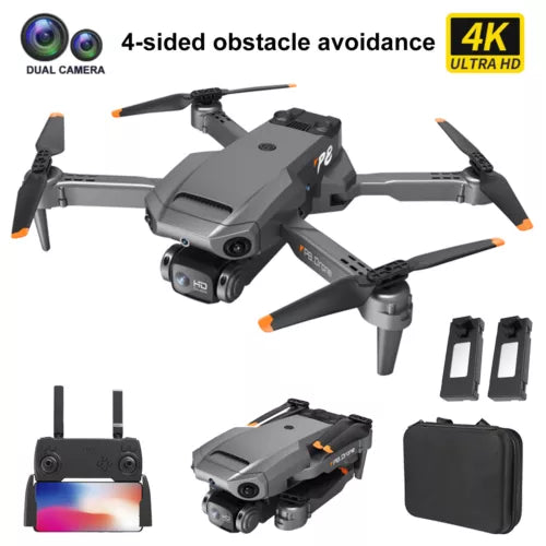 Foldable quadcopter drone with dual 4K camera, gray body, orange prop tips; remote and case