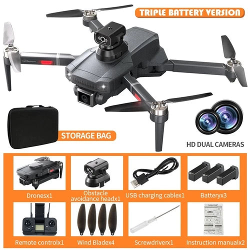 Foldable quadcopter drone with dual HD cameras and gimbal, propellers attached