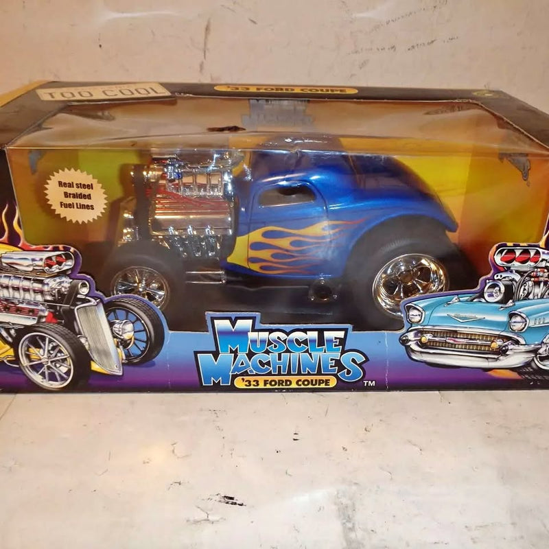 Blue and silver diecast 1:18 coupe model in retail box with branding