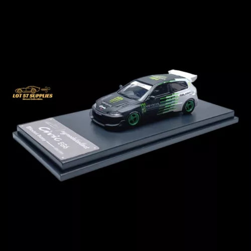 1:64 diecast toy car with green racing livery on white base