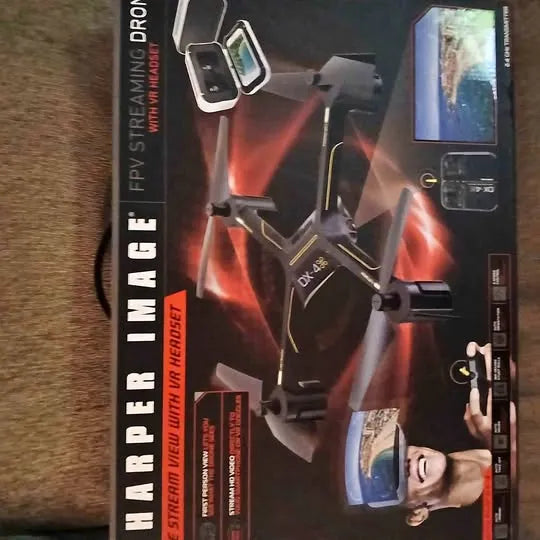 Drone VR headset box packaging with headset, controller, and drone illustrations