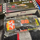 Die-cast bank car in box, #28 Havoline graphics and orange racing checkered design