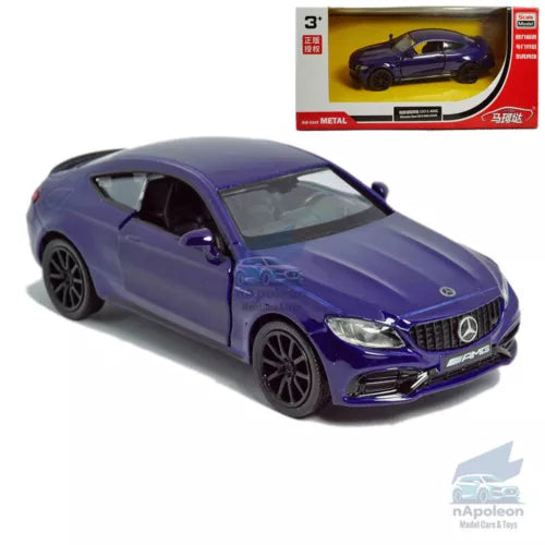 Purple diecast model car with front grille, headlights, and AMG-style decals