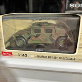 1:43 army-green Humvee die-cast model with open cab, in box