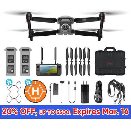 Rugged drone bundle with quadcopter, controller, batteries, propellers, and hard case