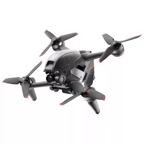 Gray and black quadcopter drone with four foldable propellers and front camera module