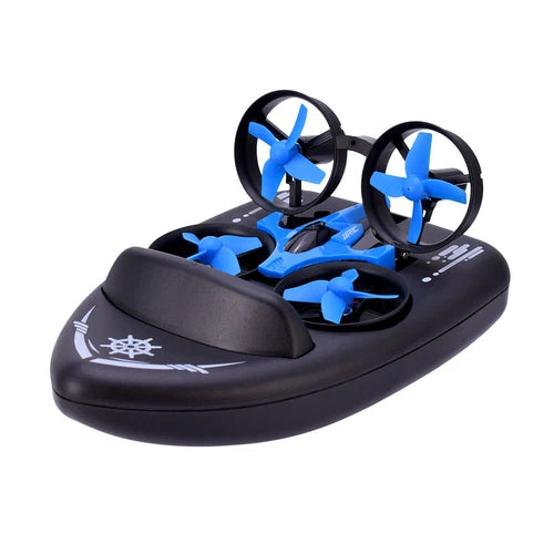3-in-1 RC drone boat with twin propellers and blue blades, black body