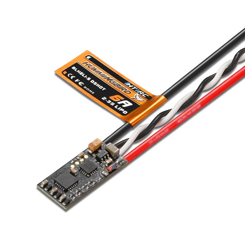 Brushless ESC speed controller PCB with orange label and red/white/black wires