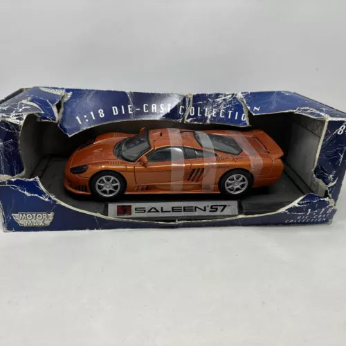 1:18 scale diecast sports car, orange with copper stripes, in retail display box