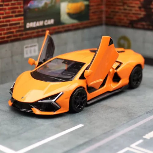 Orange diecast sports car model toy with open door