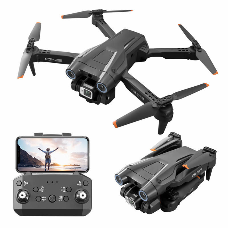 Foldable quadcopter drone with dual camera and remote controller, dark gray body