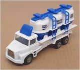 Diecast model truck with white cab and blue tanker, printed logos on side.