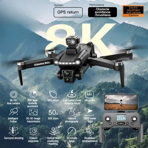 Black quadcopter drone with dual camera gimbal and four propeller arms